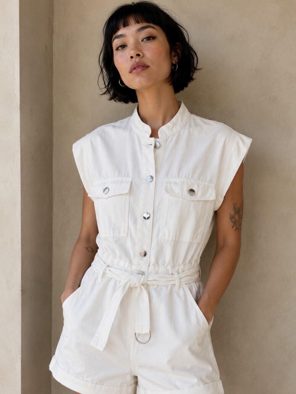 Zara White Utility Belted Romper | Silver Snap Buttons | Size S